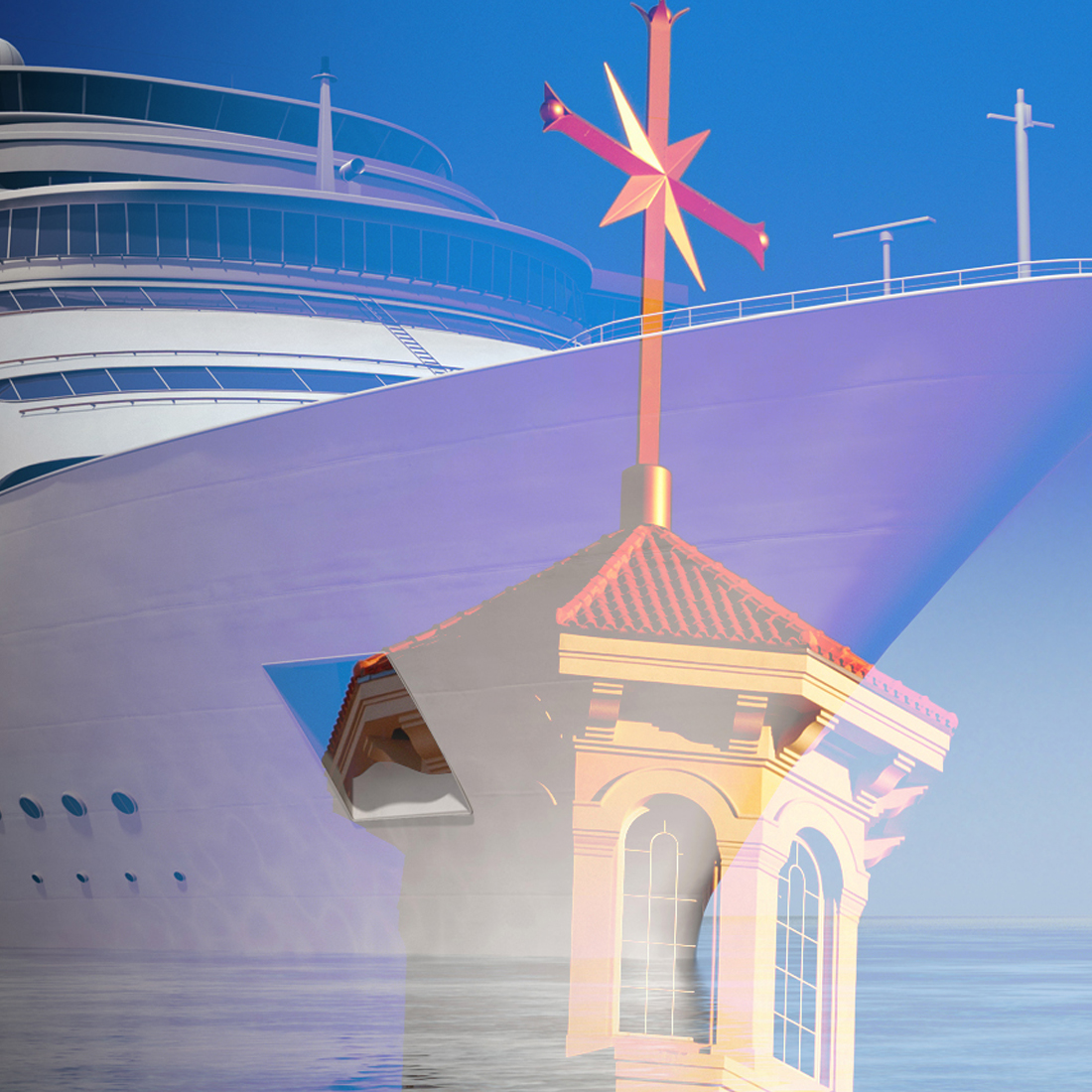 Cruise ship on water with the church of Scientology steeple superimposed over the ship