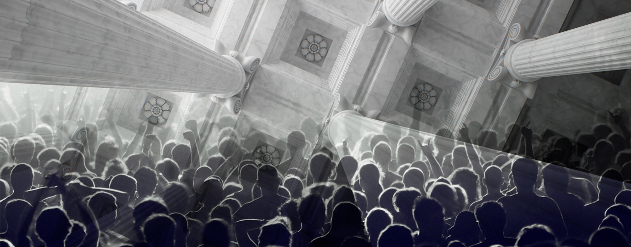 People in a crowd with fists in the air superimposed over the roof of a columned building